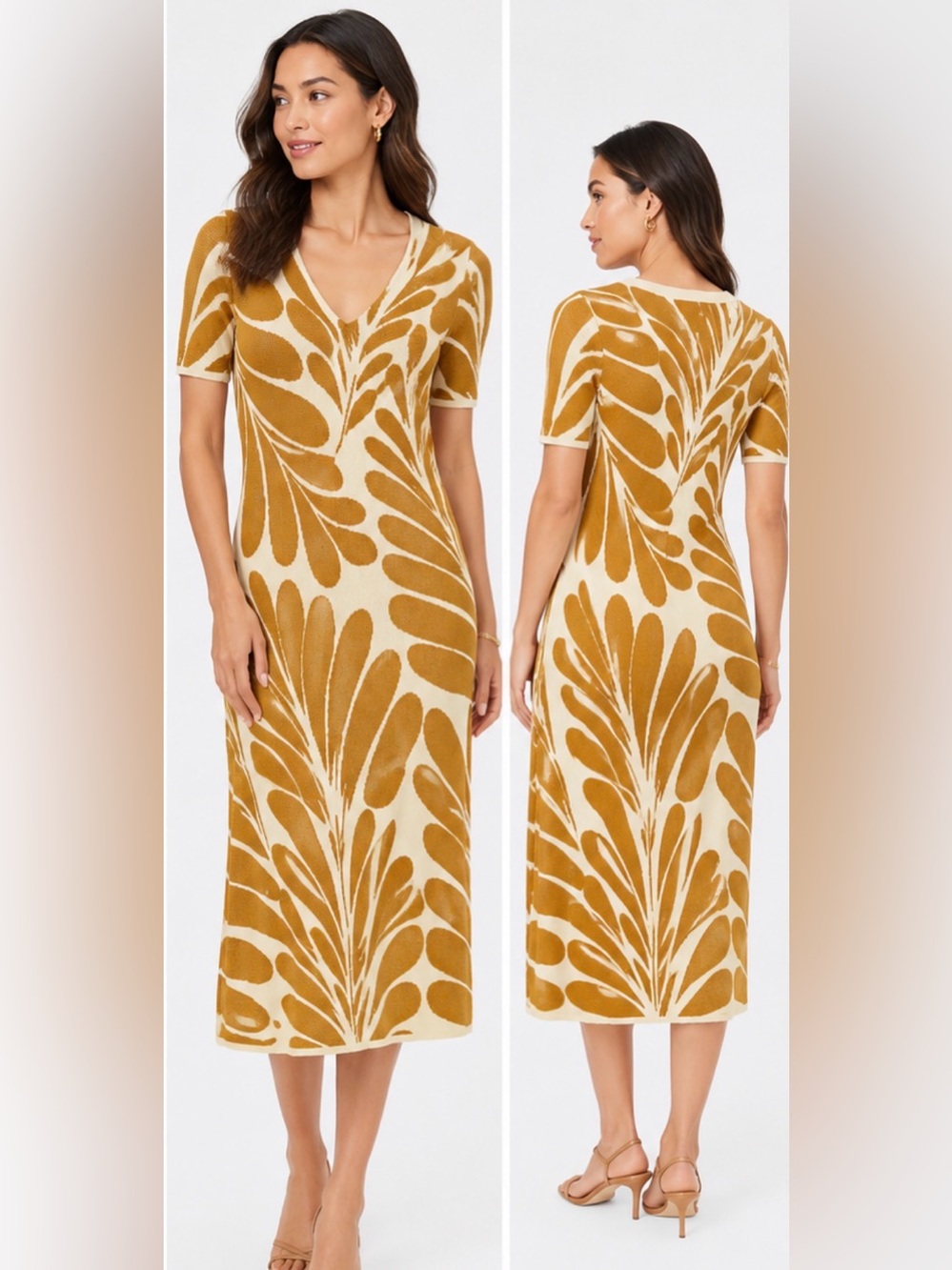 Ann Taylor Cream and Mustard Printed V-Neck Maxi Dress